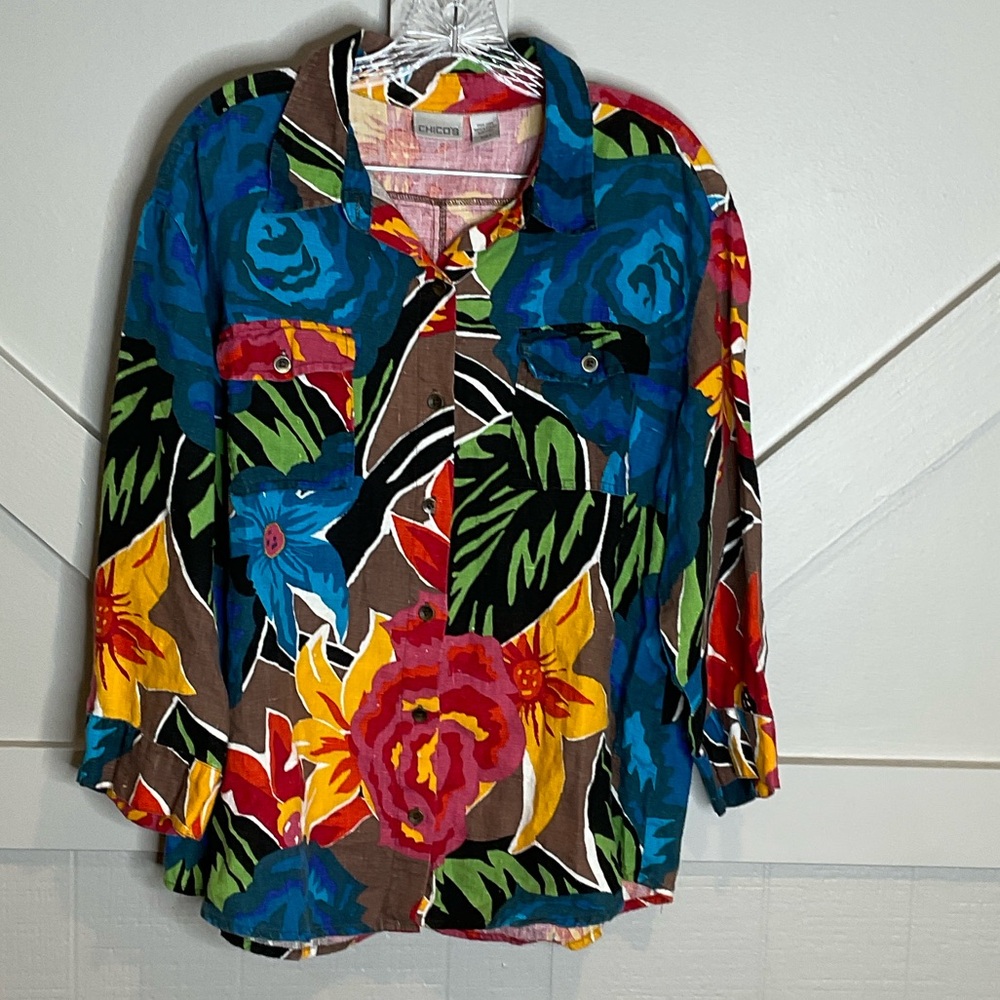 Chico’s Linen Vibrant Colorful Floral Button-Up Shirt Jacket Size 3 XL Travel